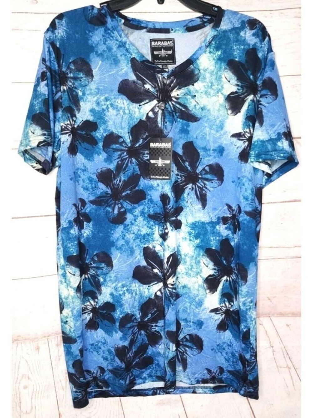 Barabas Mens Blue Floral Print Short Sleeve Henley T-Shirt 2XL Lightweight Poly
